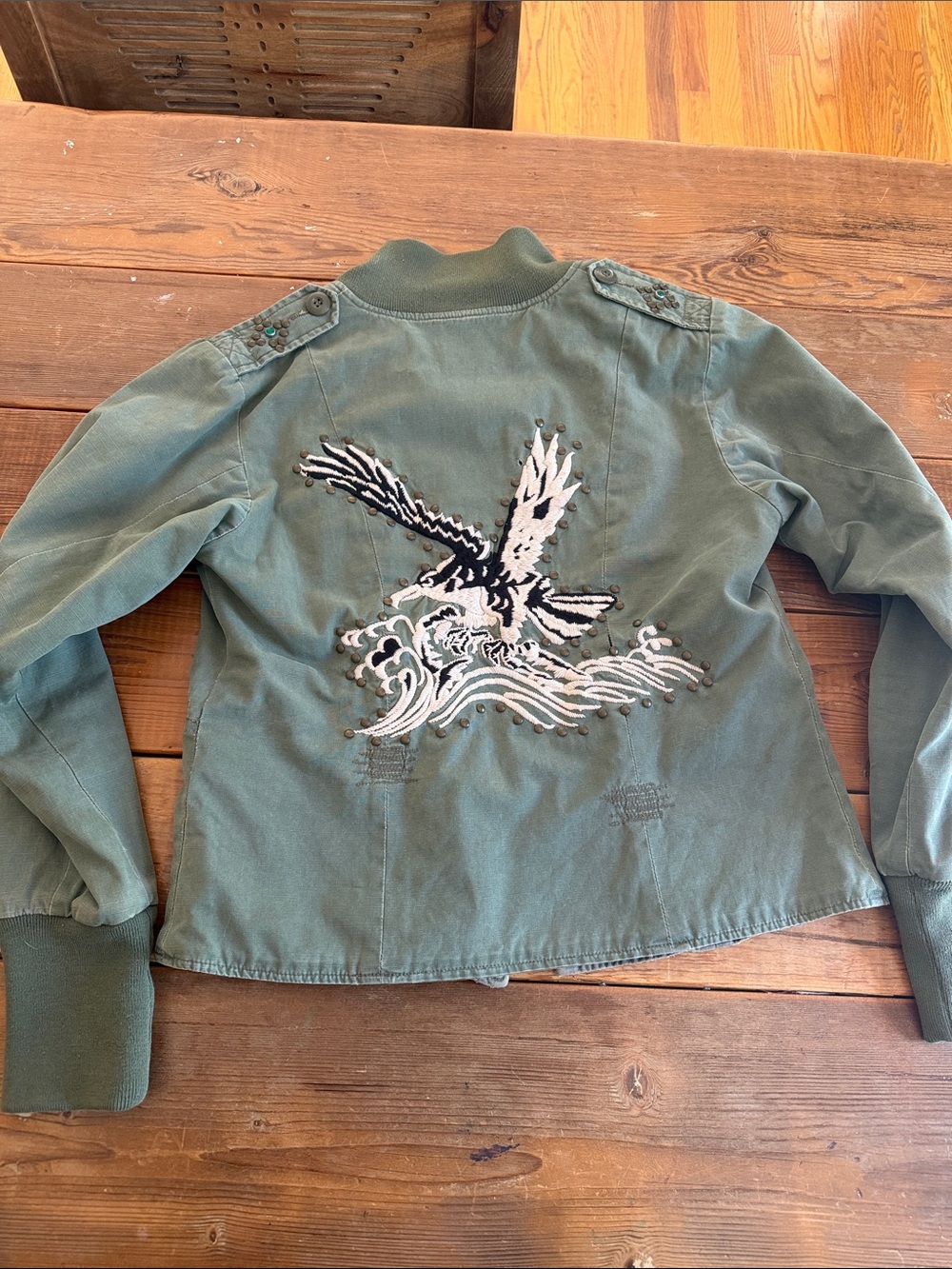 Embroidered Eagle Utility Jacket in Olive Green - Vintage